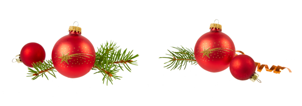 red christmas baubles an pine isolated on white or transparent png