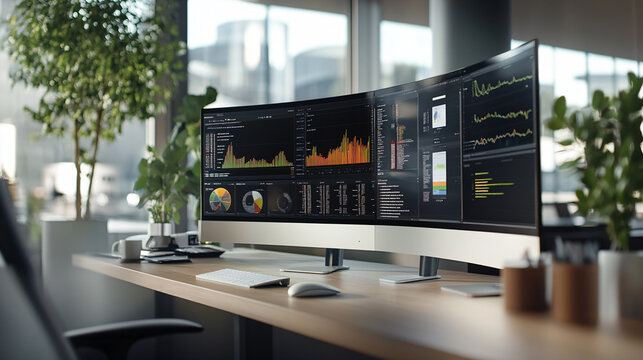 Business intelligence chart and graph display on computer monitor at corporate office.