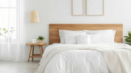 A serene bedroom featuring cozy white bed with wooden headboard, complemented by soft textiles and natural decor. bright space is enhanced by greenery and minimalistic design elements, creating peacef
