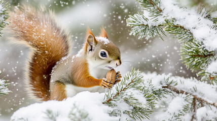 Obraz premium 雪原で木の実を探す赤いリス