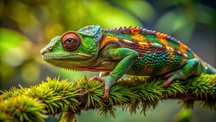 Amazing chameleon blending in with mossy twig in Madagascar, chameleon, mossy, twig, Madagascar, reptile, camouflage