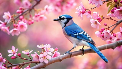 Fototapeta premium Vibrant blue jay sitting on a cherry blossom branch with falling petals, blue jay, cherry tree, blossoming, vibrant, nature