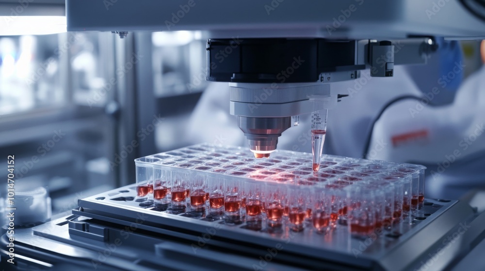 Leinwandbilder A state-of-the-art microscope is positioned over a laboratory tray filled with multiple samples. Researchers are engaged in analyzing the red liquids, highlighting the precision of modern science.
