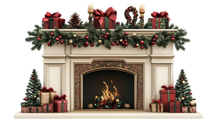 Elegant Christmas Fireplace Mantel Decor, Perfectly Styled for the Holiday Season, Isolated on White, PNG File, Transparent Background
