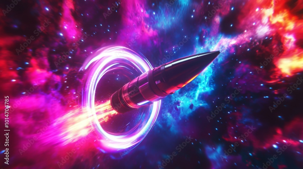 Poster a rocket speeds through vibrant cosmic clouds filled with swirling colors and light, suggesting a jo