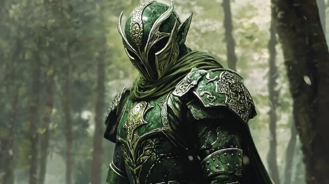 A warrior in full armor stands in a forest, his helmet obscuring his face