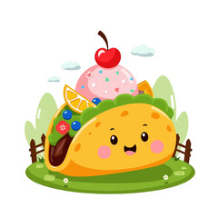Cartoon Taco with Ice Cream Topped with Cherry