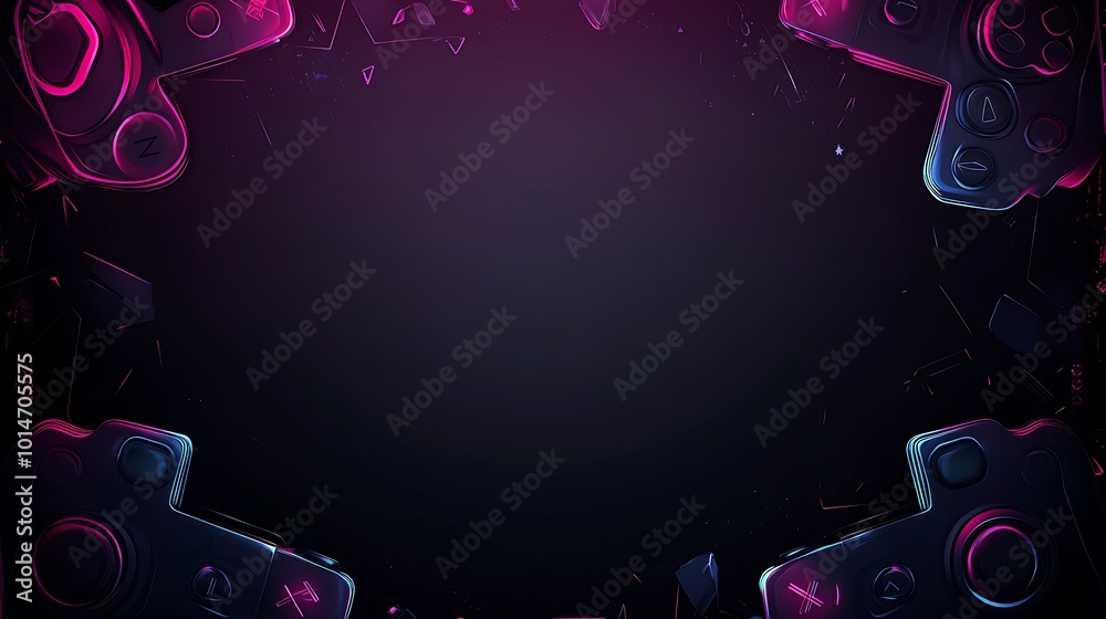 Poster a dark background with a neon pink and blue video game controller border.