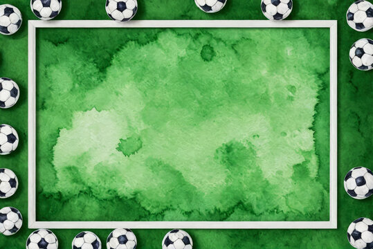 Watercolor painting: frame of soccer balls on green blurred background, free space for text.