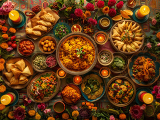 Fototapeta premium Festive dishes of Indian cuisine. Fragrant festive table for celebration of Diwali. Variety of dishes on table, such as samosa, fragrant curry, fresh salads, traditional diya (oil lamps) around.
