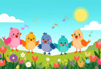 Fototapeta premium Colorful Birds Singing in a Meadow 