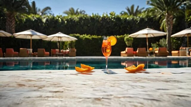 Glass of aperol spritz cocktail on pool background	