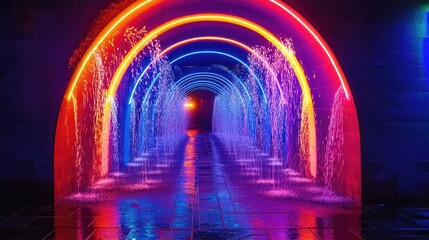 Obraz premium A stunning water fountain tunnel at night, illuminated by vibrant neon colors, with arches of water creating a dynamic and colorful display