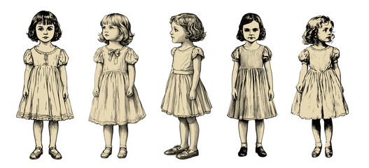 Five little girl vintage illustration isolated on transparent background, hand-drawn style art, cut out
