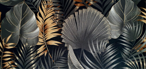  Texture of black wallpaper with an ornament of palm leaves with gold and silver elements. Luxury wallpaper with palm leaves ornament. Black exotic background ornament. Interior design wallpaper.