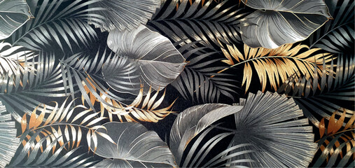 Texture of black wallpaper with an ornament of palm leaves with gold and silver elements. Luxury wallpaper with palm leaves ornament. Black exotic background ornament. Interior design wallpaper.