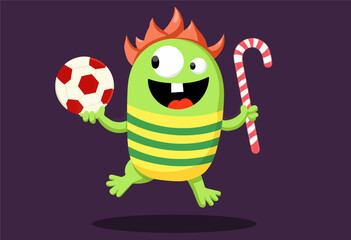 Fototapeta premium Green Monster Holding Soccer Ball and Candy Cane 
