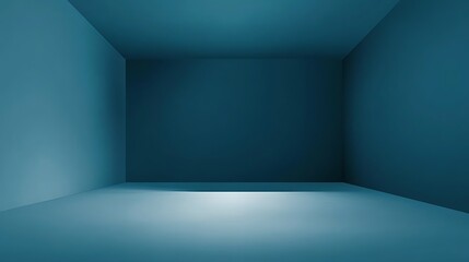 A minimalist 3D rendering of an empty room with blue walls and a soft light source in the center, offering a clean and modern backdrop for various design and advertising purposes.