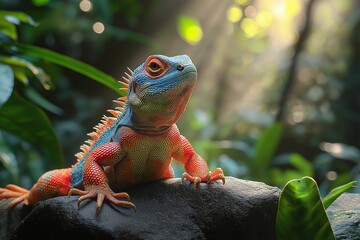 Colorful lizard with a blue head and orange legs is sitting on a rock. lizard's head is adorned, while its legs are striking orange. lizard basking on a rock in its natural habitat under warm sunlight