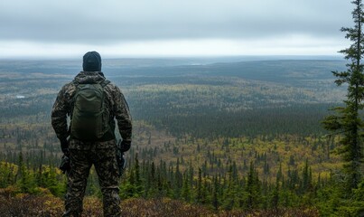 A man in camouflage looks out at a forest.