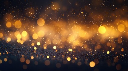 Obraz premium A beautiful bokeh background with glowing golden lights scattered across a blurred dark surface, evoking a sense of wonder and enchantment