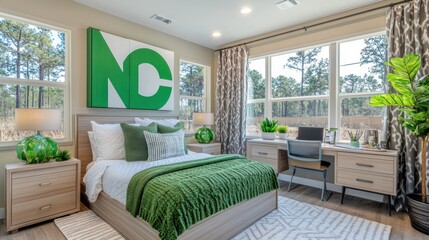 Stylish bedroom designed with modular furniture that easily converts into a workspace, featuring natural light and vibrant green accents