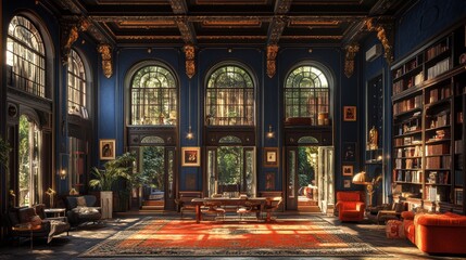 Fototapeta premium Elegant dining room featuring rich blue walls and eclectic decor with vibrant lighting and luxurious finishes in a warm, inviting space