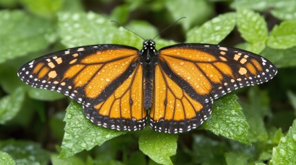 Obraz premium A monarch butterfly perches quietly on lush green leaves, its wings glistening with droplets after a refreshing rain shower