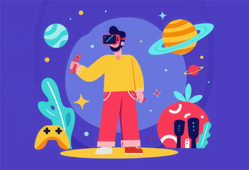Naklejka premium Man in VR headset exploring a space scene 