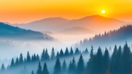Obraz premium Golden light spreads across a misty valley as the sun rises behind the mountains, casting a serene glow on the forest below