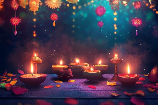 A table with many lit candles in different colored bowls. The candles are lit and the bowls are arranged in a way that creates a festive atmosphere
