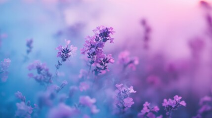 Fototapeta premium A soft, enchanting glow surrounds delicate purple flowers, with mystical smoke weaving through, creating a magical ambiance at dusk