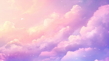 A dreamy cloud-filled sky background with soft pink and purple hues, evoking a sense of calm and serenity