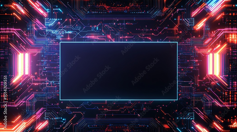 Poster Abstract digital technology background with glowing lines and a black rectangular frame.