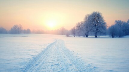 Obraz premium A vibrant sunset casts warm hues over a snowy meadow, revealing a peaceful winter landscape with silhouettes of trees