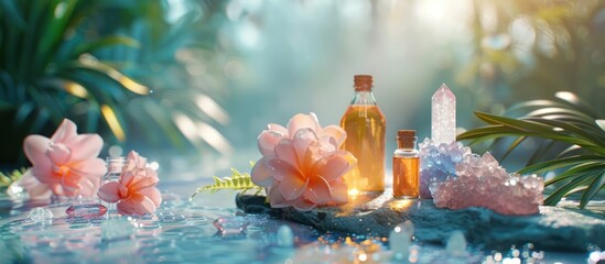 A tranquil spa setting with aromatherapy oils candles and crystals reflected in the calm water creating a serene and soothing atmosphere for relaxation meditation and self care