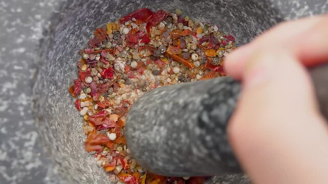Hand with a pestle is grinding and mixing various kinds of spices, peppers and sea salt in the grey stone mortar. High quality 4k footage
