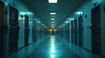 Fototapeta premium A corridor lined with prison rooms, featuring heavy doors and stark walls, evoking a sense of confinement.