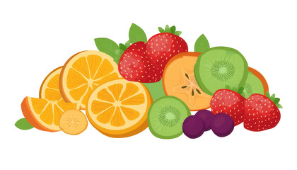 Fresh fruit assortment featuring oranges, strawberries, kiwis, and grapes isolated on a white background, transparent background.