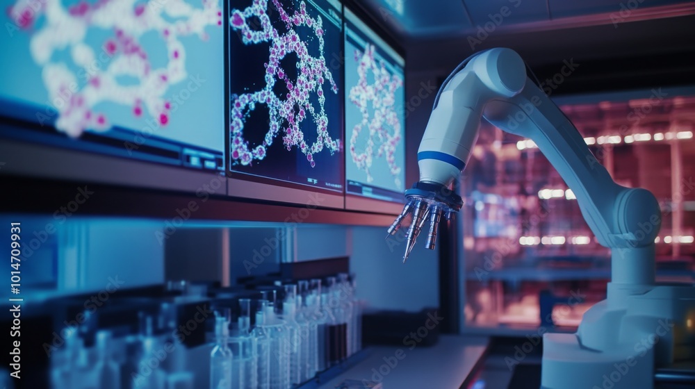 Poster A robotic arm operates in a modern laboratory filled with screens displaying molecular structures. The ambient lighting creates a futuristic atmosphere as the arm performs precise tasks.