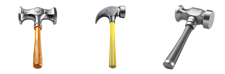 collection of three hammers with different designs and colors isolated on a white background, transparent background.