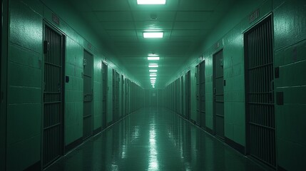 A long, shadowy corridor in a prison, showcasing rows of locked rooms that emphasize the feeling of entrapment.