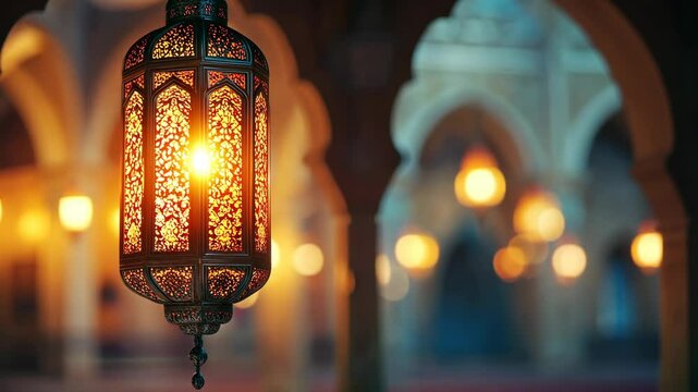 A traditional lantern hangs from a ceiling, illuminated against a backdrop of soft light in a building with intricate architecture