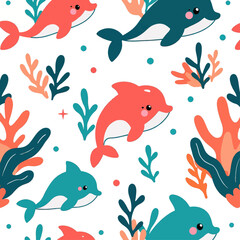 Naklejka premium Seamless Pattern with Dolphins and Coral 