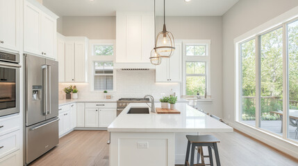 Modern kitchen design features white cabinetry, stainless steel appliances, and spacious layout with natural light streaming in through large windows. elegant decor creates warm and inviting atmospher