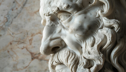 Naklejka premium detailed marble sculpture of an old stoic man, possibly representing a roman god, showcasing intricate facial features and a contemplative expression, copy space for text