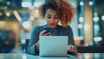 Woman using a smartphone and laptop in an office setting
