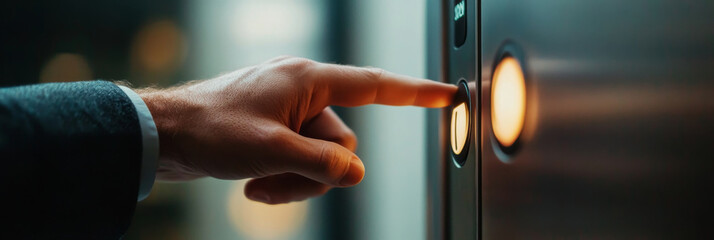A hand pressing an elevator button, symbolizing anticipation and movement. sleek metallic surface reflects modern environment, creating sense of urgency and purpose