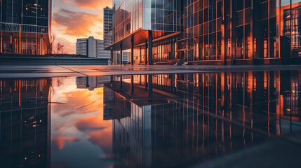 Fototapeta premium Modern office building with reflection in the City downtown at sunset, urban architecture concept 