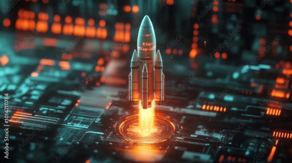 Poster a white rocket takes off from a digital platform with a bright orange flame at the bottom. the platf